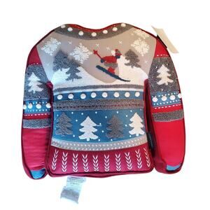 Cynthia Rowley Sweater Shaped Ski Theme Throw Pillow Red Ski House Winter